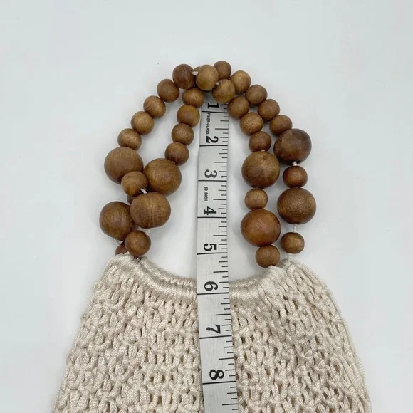Boho Macrame Fringe Bag Wood Bead Handle Cream White Textured Woven Festival bag - Picture 3 of 6
